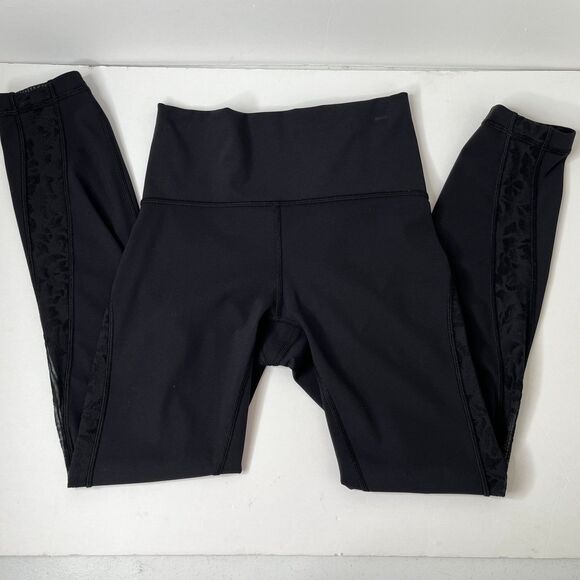 Lululemon Black High Waist Floral Velvet Mesh Detail Leggings Size 4 #391 - Picture 5 of 14